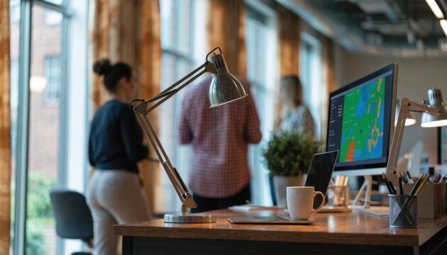 Medium shot of a leasing office workstation featuring an occupancy map on a screen while the background with colleagues remains out of focus.
