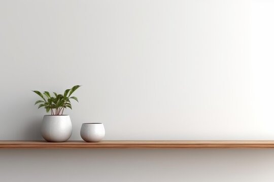 Potted plant and small pot sitting on a light wooden shelf against a white wall