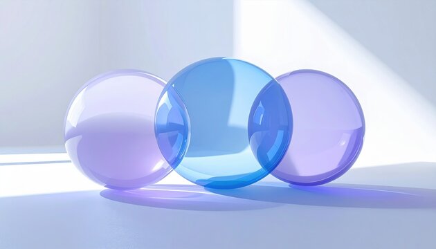 Conceptual abstract representation of quantum superposition featuring overlapping translucent blue and purple spheres arranged in a clean modern geometric composition on a soft studio surface.