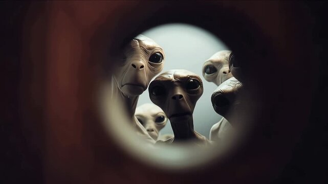 Classic grey aliens peer through a circular opening, large dark eyes and smooth skin lit softly against shadows. Subtle movements suggest quiet curiosity. Сosmic observation.