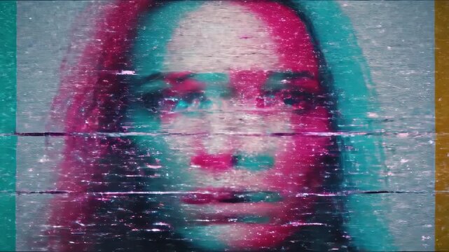 Woman with shocked expression in digital glitch sequence. Surprised female face distorting with colorful interference then returning to fear. Emotional reaction in cyber visual effect.