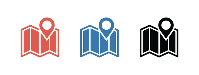 Map icon vector set featuring location pins for navigation, GPS, and geographic mapping design elements in modern flat style © Well Done