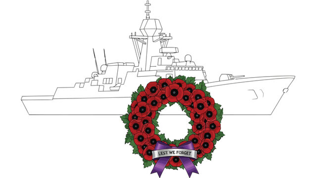 Warship behind a remembrance poppy wreath with lest we forget ribbon for veteran commemoration isolated on white background