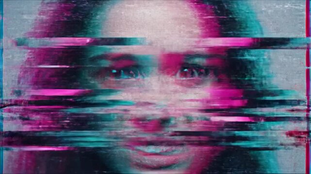 Woman displaying escalating surprise through wide eyes and open mouth in glitched frames. Digital distortion sequence showing fear progression. Horror animation concept for emotional expression.
