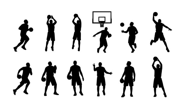 Elite basketball players vector silhouettes set with dynamic and vibrant sports action poses