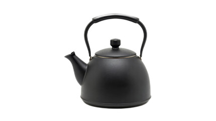 Fototapeta premium Black tea kettle sits on a white background. The kettle is black and shiny, and it has a handle and a spout. Concept of calm and relaxation