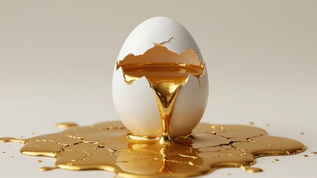 Cracked white egg spilling molten gold onto white surface