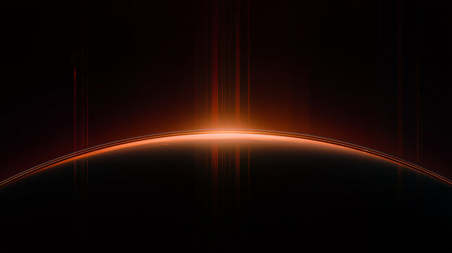 Abstract glowing planetary horizon with vertical light bars in orange and red, futuristic eclipse style background with dark cosmic arc, minimal sci fi atmosphere and cinematic ene