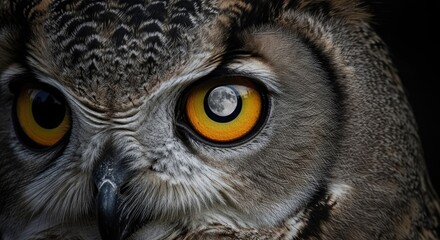 Obraz premium Close-up of Great Horned Owl Eye with Moon Reflection