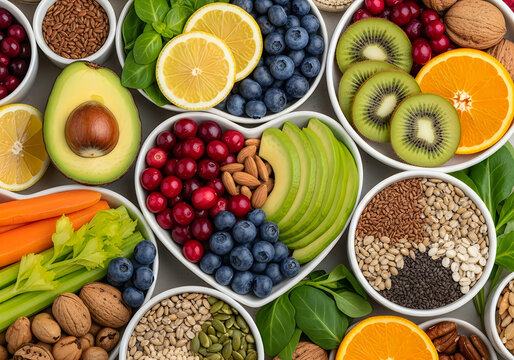 Healthy Superfoods Assortment Fresh Fruits Nuts Seeds Nutrition Concept