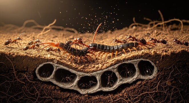 Centipede Attacking Ant Colony Underground Nest