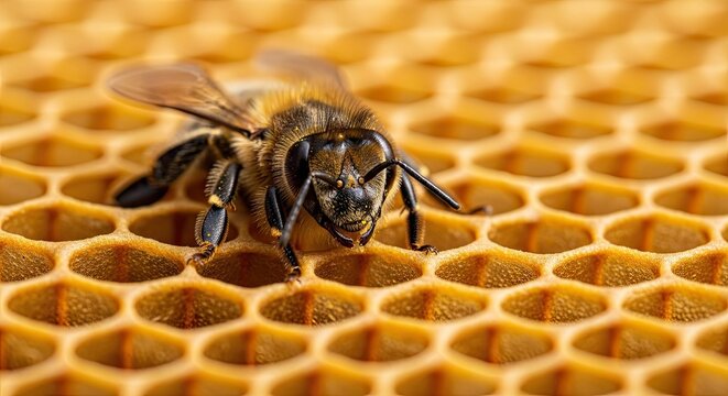 Macro Close-up of a Honey Bee on a Golden Honeycomb