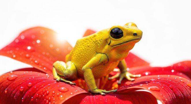Bright Yellow Poison Dart Frog Sitting on a Vibrant Red Flower