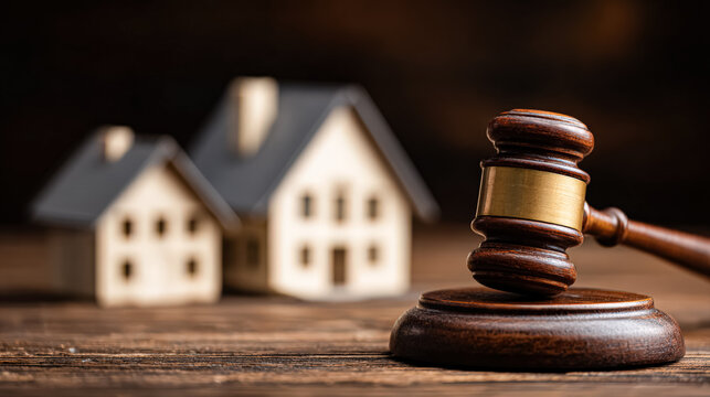 Explore the concepts of real estate law, focusing on auctions and the home purchasing process, illustrated with a gavel and model houses.