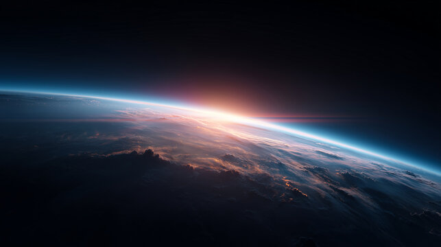 Earth horizon from space with glowing atmosphere and sunrise light, cinematic orbital view, planet curvature, clouds, deep cosmos, futuristic astronomy scene and majestic universe