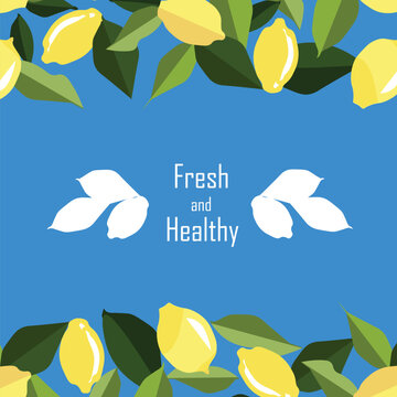 Fresh and Healthy banner with yellow lemon on blue background for product design stock vector illustration for web for print
