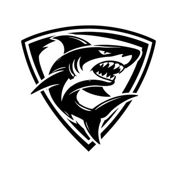A menacing shark with sharp teeth jumps out of a triangular shield emblem bes86.eps