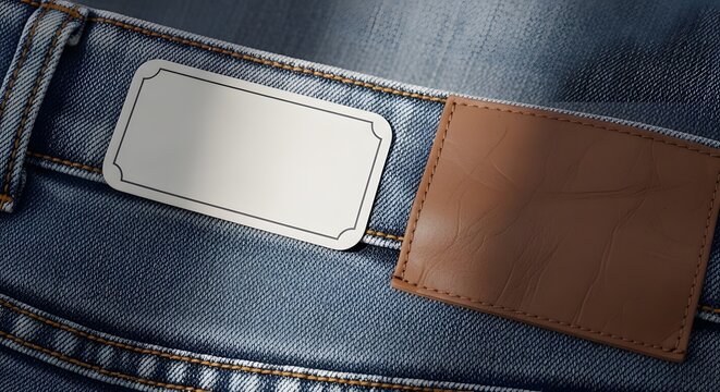Close up of a blank leather patch on blue denim jeans with blank label back pocket clothing brand blank space clothing material close up background stitching fashion detai