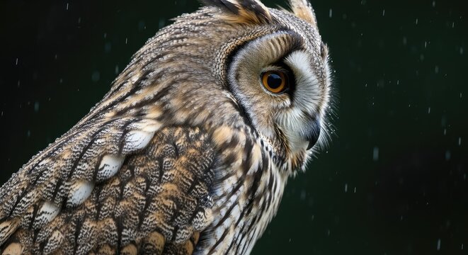 Long-eared Owl Close-up in Rain