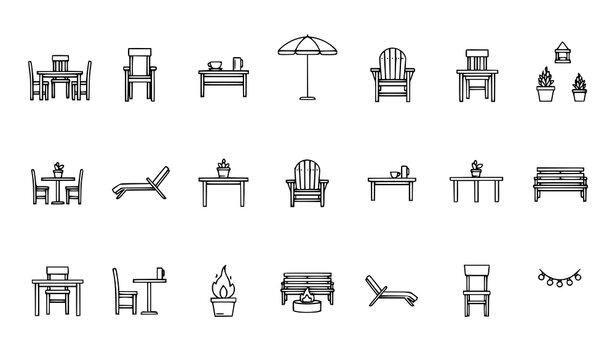 Garden furniture line icon vector set with patio chair table umbrella and backyard elements