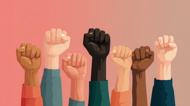 Fists raised in the air, hands of different skin tones representing diverse races and people. Diversity and equality concept in a flat vector design illustration.