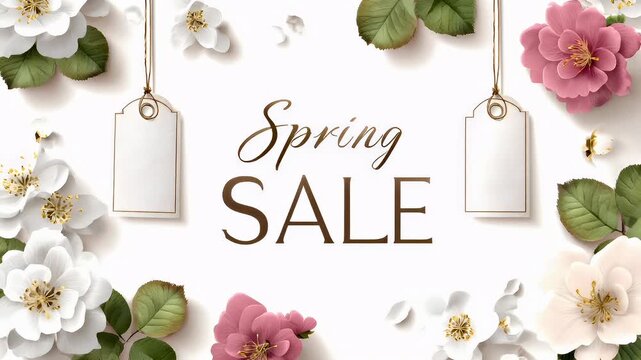 Retail promotion campaign advertisement. A vibrant and modern illustration depicts a spring sale banner. The background is a pristine white.