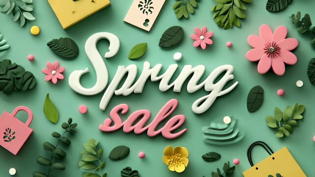 Retail promotion campaign advertisement. A vibrant and stylized depiction of the words Spring Sale in bold, white cursive font against a turquoise background.