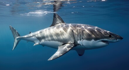 Obraz premium Great White Shark Swimming Underwater in Deep Blue Ocean
