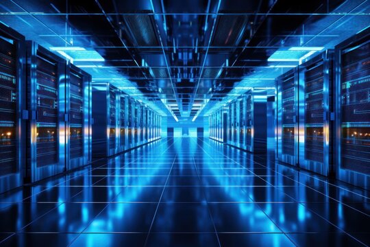 Server racks standing in a data center illuminated with blue light