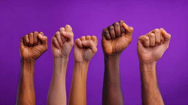 Five clenched fists in diverse human skin tones raised horizontally against a vibrant solid purple background.