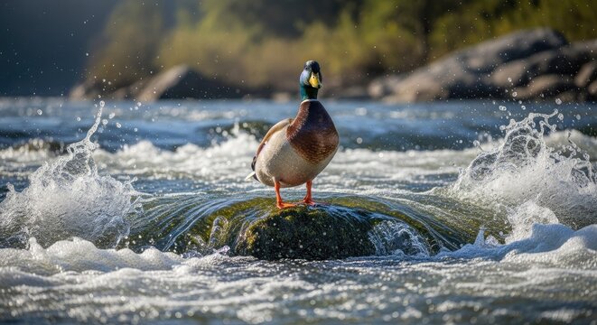 Mallard Duck Standing on a Rock in Rushing River Water