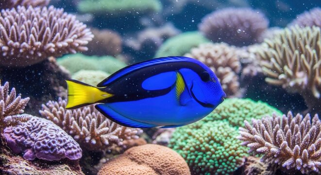 Regal Blue Tang Swimming Among Vibrant Coral Reef