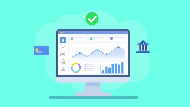 Looping flat animation of a cloud analytics dashboard with charts, approval check and finance icons, representing validation, financial management, and performance tracking.