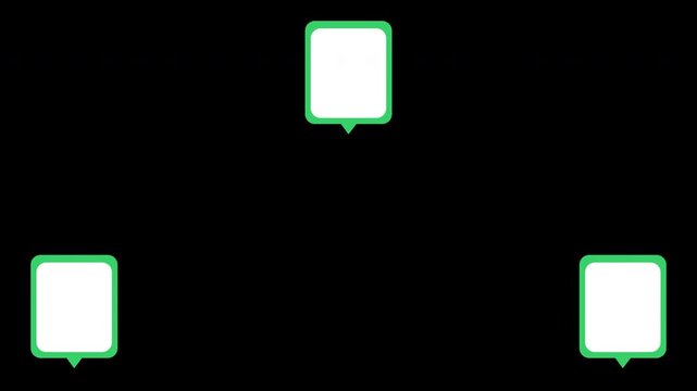 Clean modern motion graphic featuring three green outline chat bubbles separated across a black background