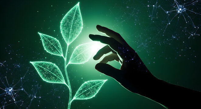 Digital plant growth in a futuristic, glowing network