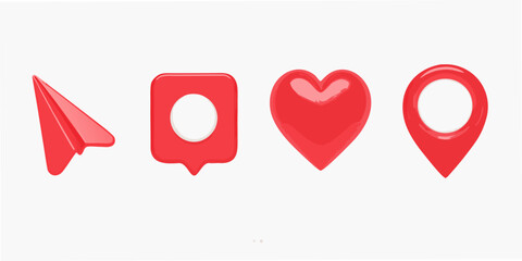 Four red icons plane square heart and location marker © Tapan