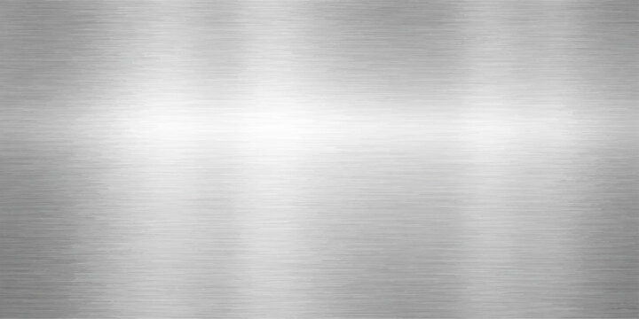 A polished stainless steel plate featuring a brushed metallic texture with a shiny gray industrial silver pattern on a seamless chrome aluminum sheet surface