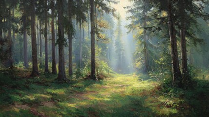 Fototapeta premium Forest landscape with sunlight filtering through the trees.