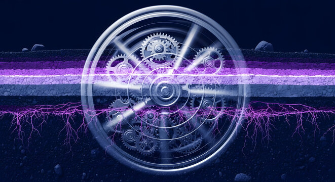 Abstract mechanism with gears and roots, digital art concept representing technology and nature interconnection