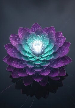 Glowing digital lotus flower blooms with vibrant purple and teal light.