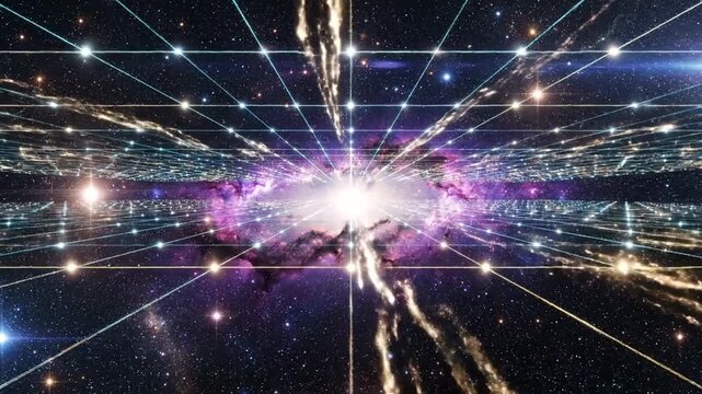 Vibrant cosmic explosion in space with bright lights and colorful energy beams.