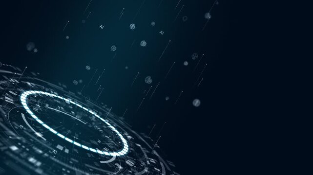 Motion graphic of artificial intelligence technology interface with AI symbol, digital HUD dashboard, and data stream effects for machine learning and innovation marketing.