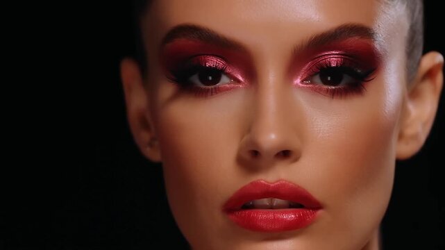 Beautiful Woman with Vibrant Pink Makeup Blinking Slowly.