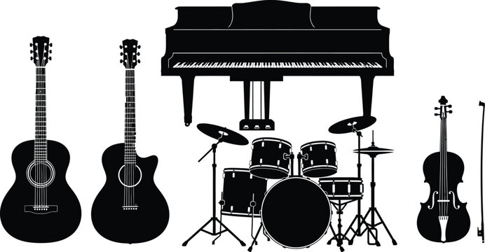 Black musical instruments set including piano and drums isolated on white background, Vector