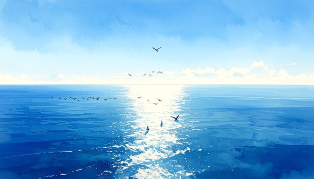 Flock of birds flying in V formation over calm ocean at sunrise