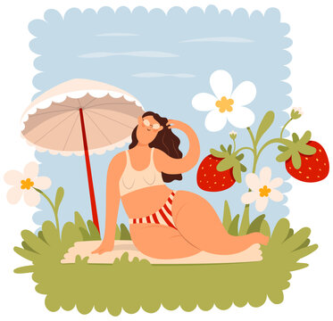 A girl in a swimsuit in a village or on a beach with a flower bed and strawberries Flatstyle illus