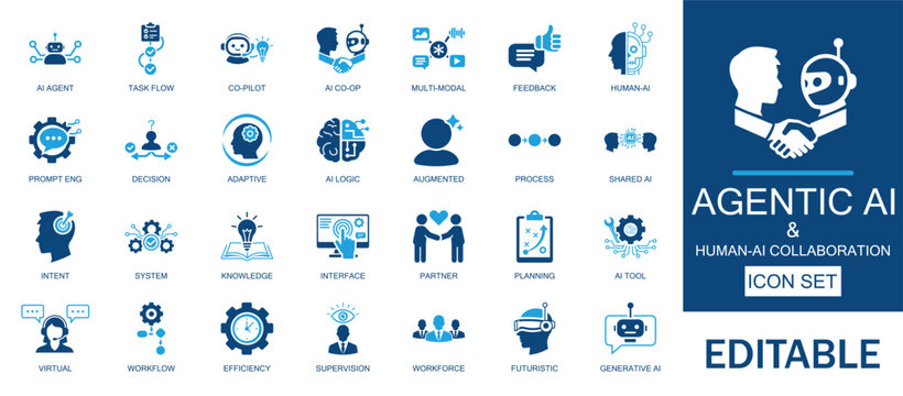Agentic AI and Human-ai Collaboration icon set. Includes autonomous agents, workflow, robot, human, cyber, future, and smart technology. Professional for future workforce and augmented intelligence.