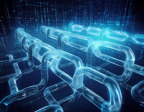 transparent blockchain chain structure representing decentralized network security data integrity and distributed ledger technology concept