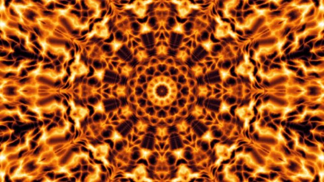4K yellow and bunt orange fire kaleidoscope loop background. Abstract multicolored motion graphics background for yoga specialist, astrology, art therapist