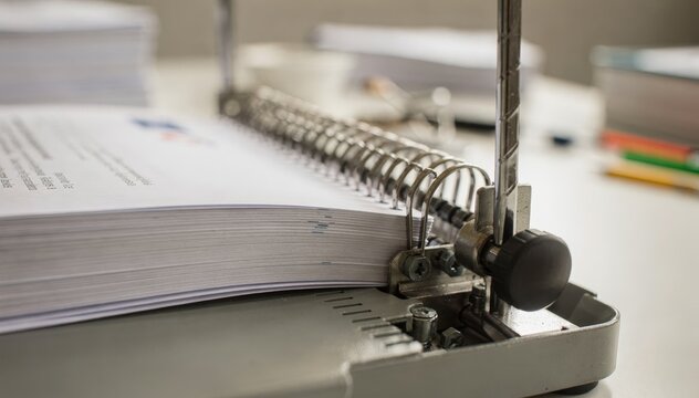 Closeup on a binding machine midoperation with a report in focus surrounded by blurred stacks of printed documents and office tools emphasizing an active yet orderly print area.